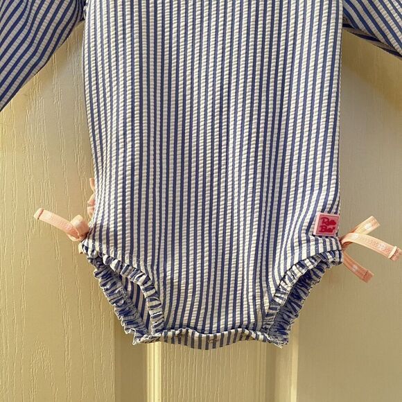 RuffleButts Seersucker One Piece Rash Guard Swimsuit Blue Pink Size 6-12 Months - Picture 5 of 15